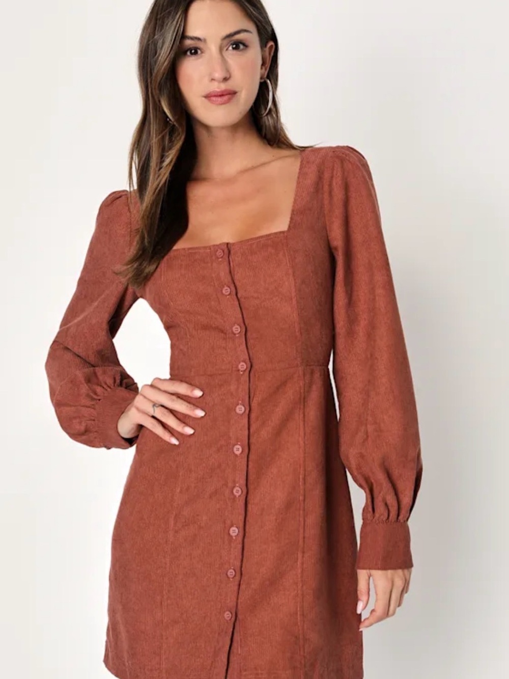Posh Promise Brown Corduroy Long Sleeve Button-Up Mini Dress